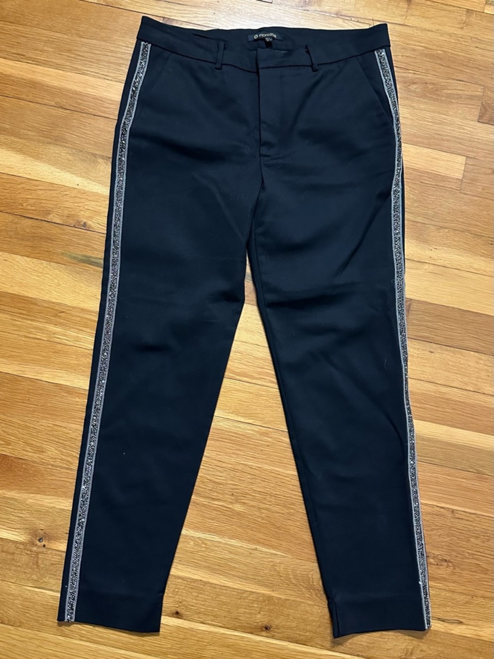 Straight-Leg Black Pants with‎ Rhinestone Side Trim - Womens